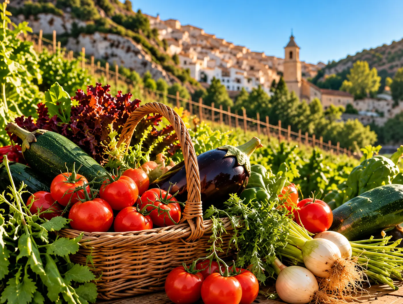 Cesta con tomates, calabacines, berenjenas y cebollas de la huerta, frente al pueblo