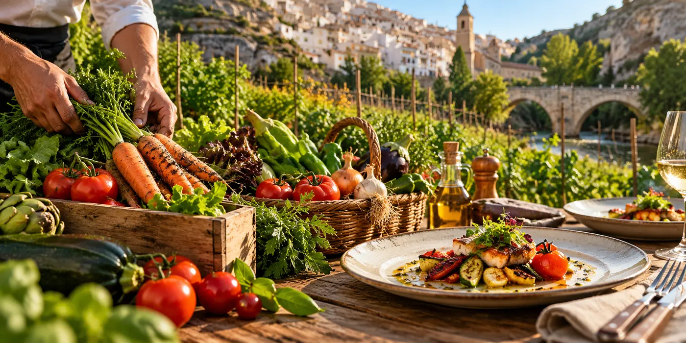 Verduras recién cogidas de la huerta junto a un plato servido, con Alcalá del Júcar al fondo