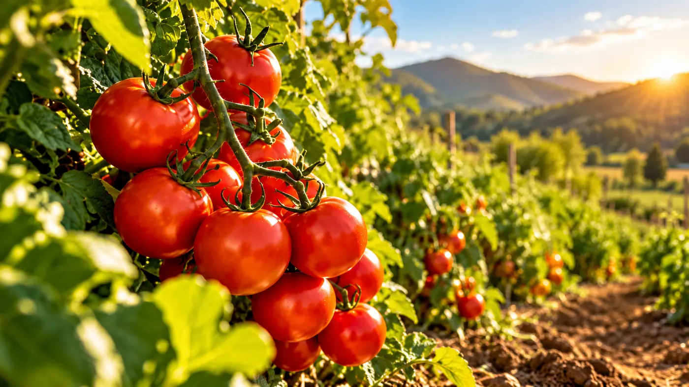 Tomates madurando en la huerta al atardecer