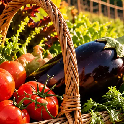 Cesta de mimbre con una berenjena y tomates recién cogidos de la huerta