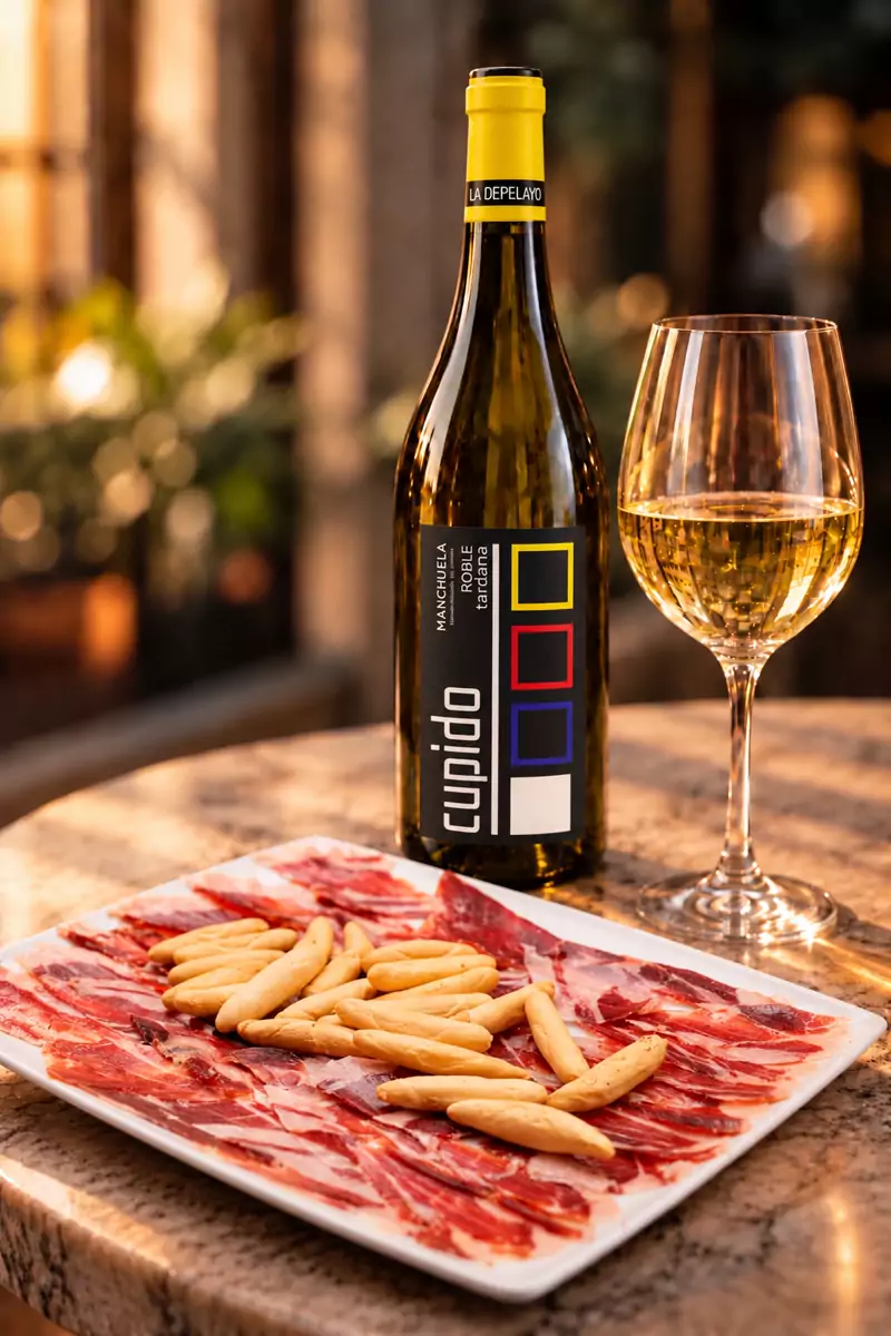 Botella de Cupido Tardana con jamón ibérico de bellota