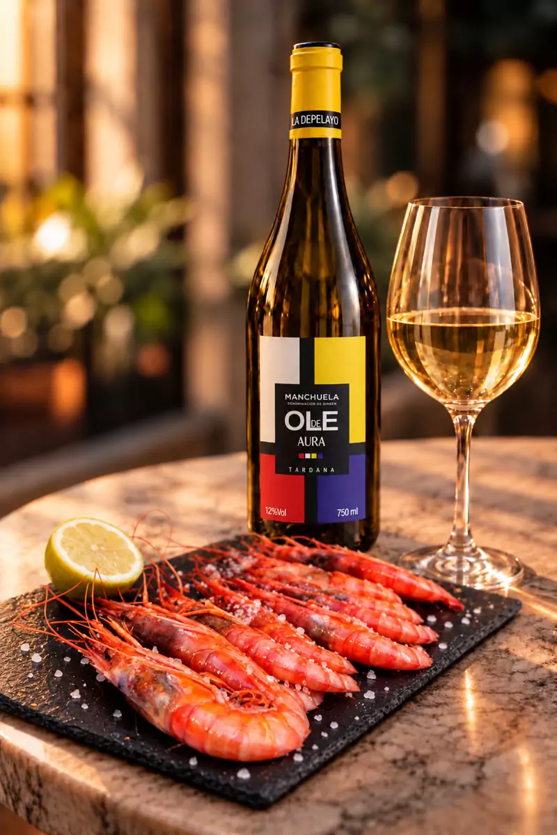 Botella de Olé de Aura con gamba roja a la plancha